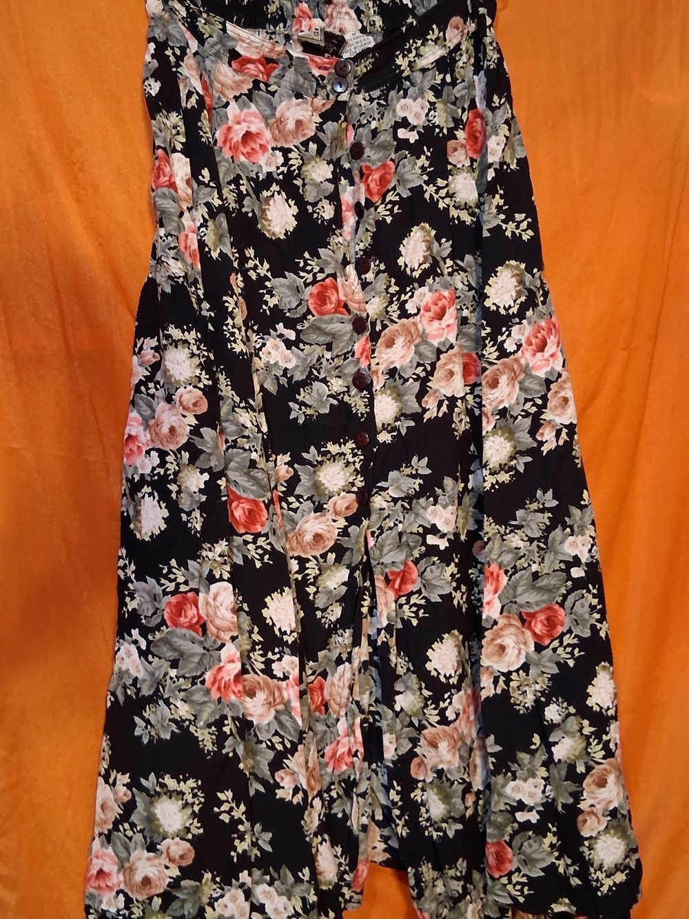 Black Floral Button-Front Maxi Skirt with Pink Rose Pattern